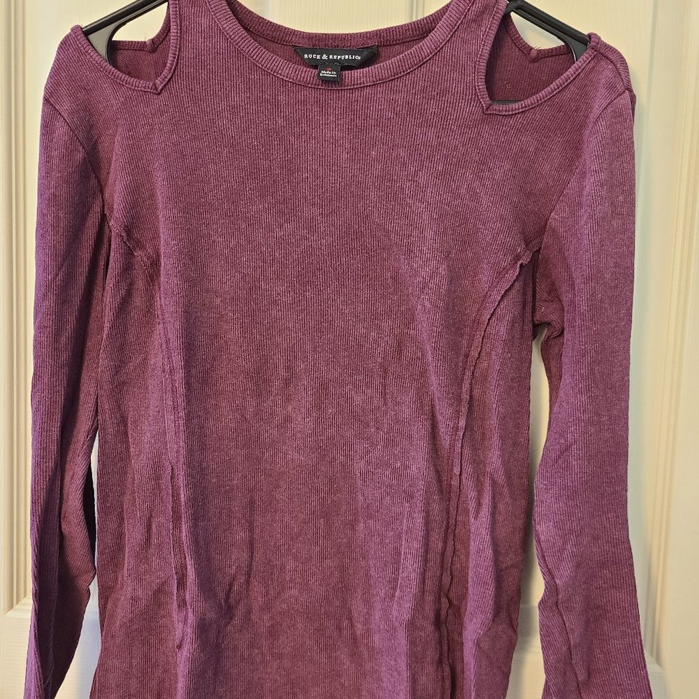 Rock & Republic S Maroon Ribbed Long Sleeve Top